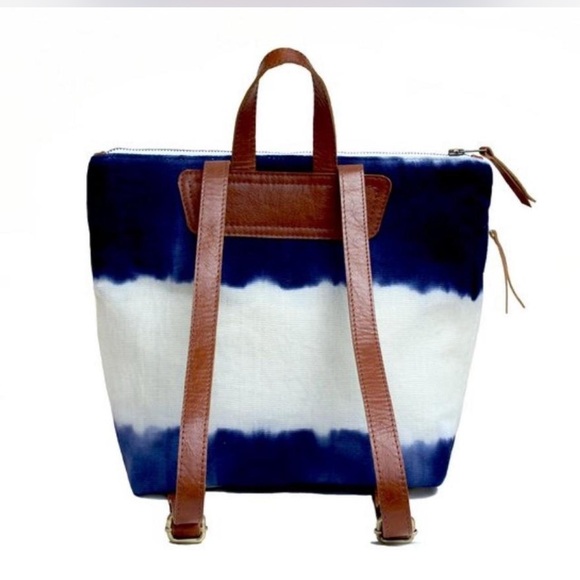 Mercado Global Lorena Nautical Blue and White Backpack with Leather Accents - Picture 1 of 5